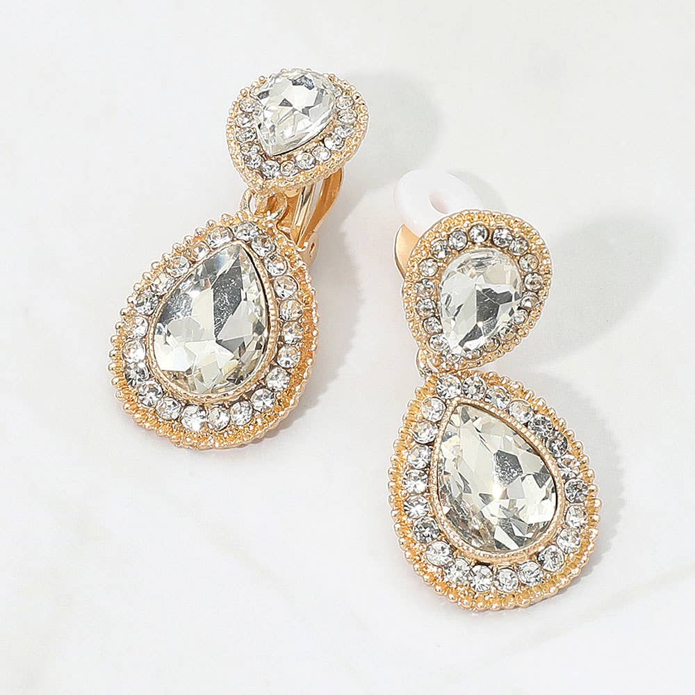 Double Teardrop Link Dangle Evening Clip on Earrings