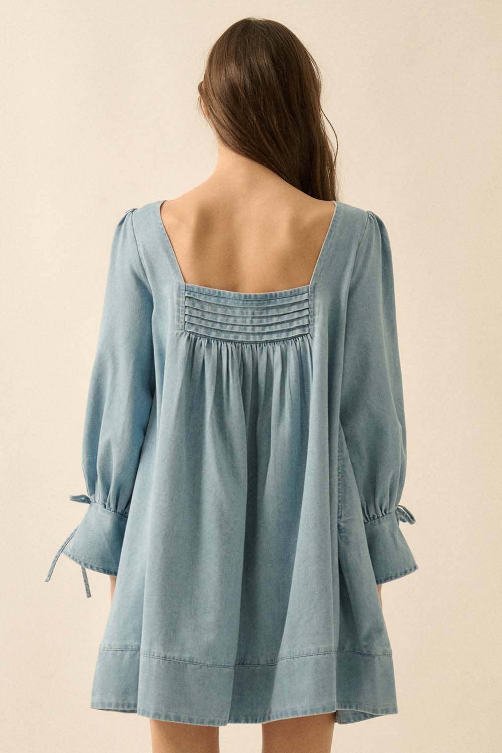 Denim Square-Neck Long-Sleeve Babydoll Mini Dress
