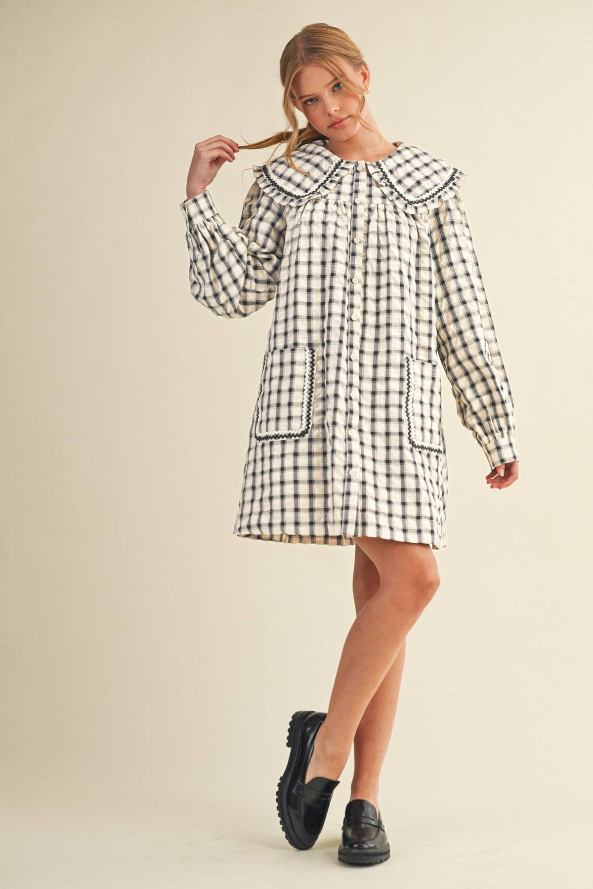 DOLL COLLAR BUTTON DOWN PLAID MINI DRESS