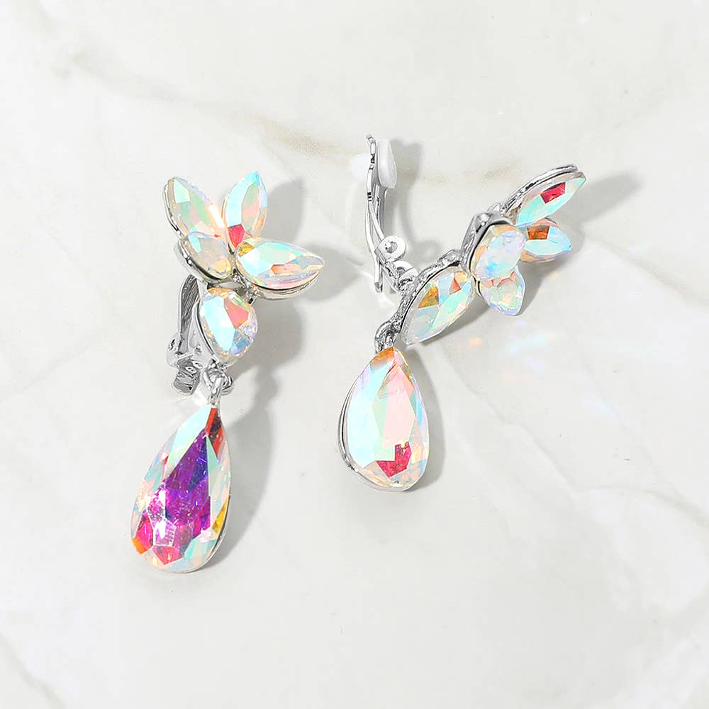 Marquise Stone Cluster Floral Teardrop Link Evening Clip On Earrings