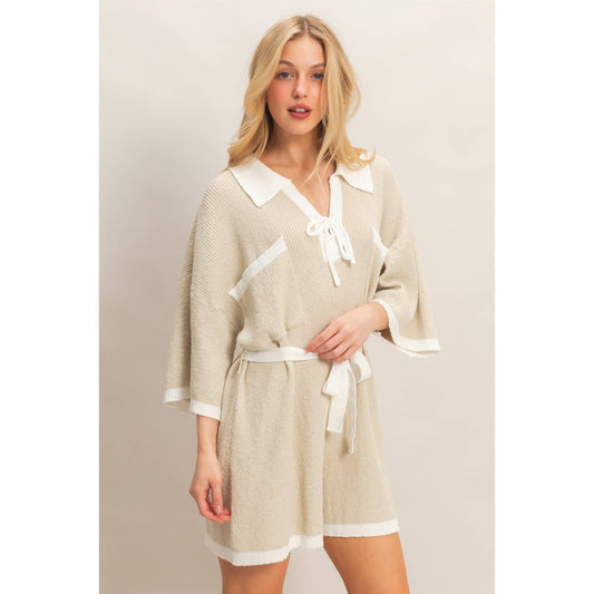 Knit Romper With Contrast Tie