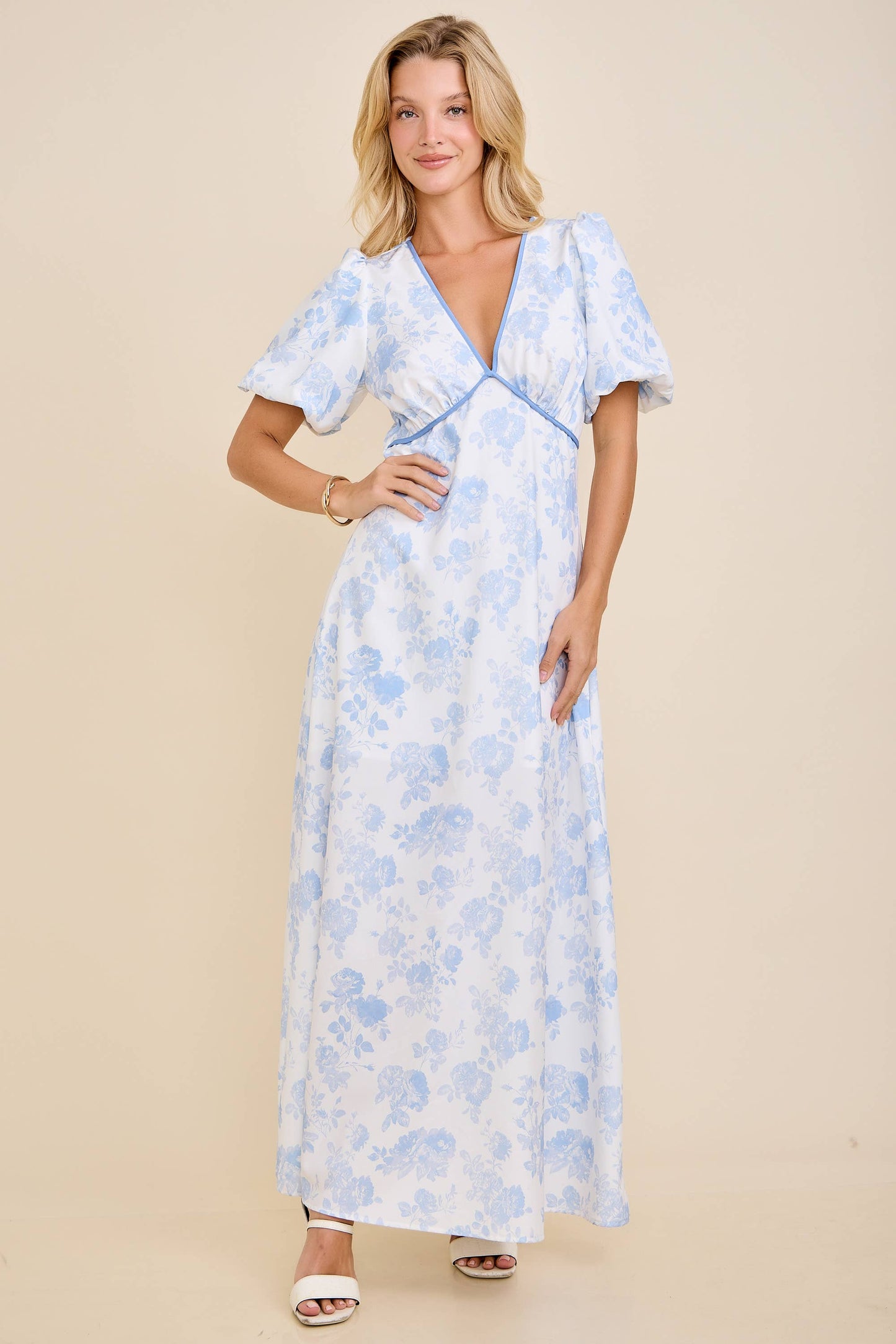 Floral Toile Print Bubble Sleeve Maxi Dress