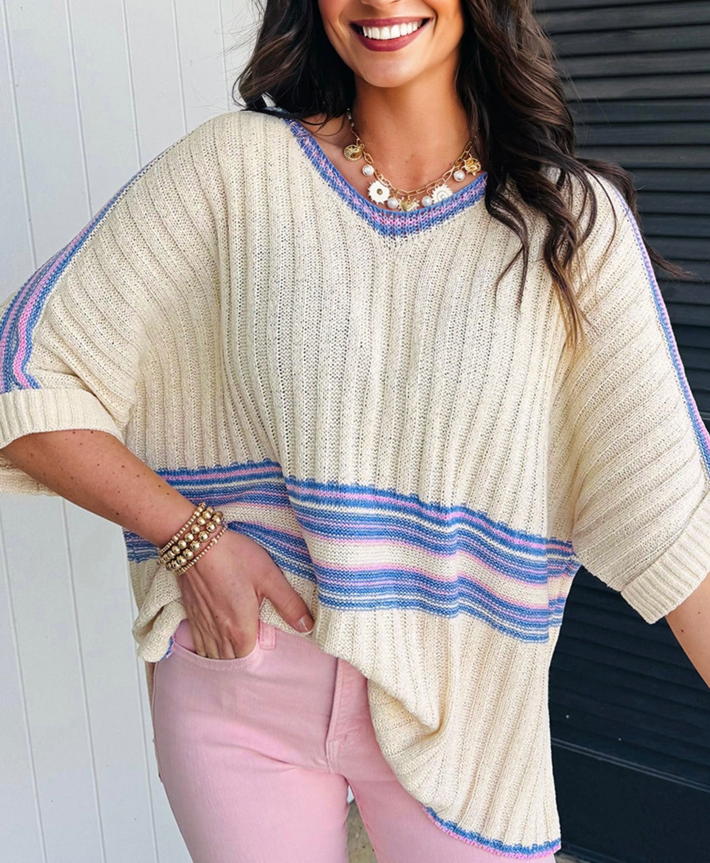 V-Neck Striped SS Sweater