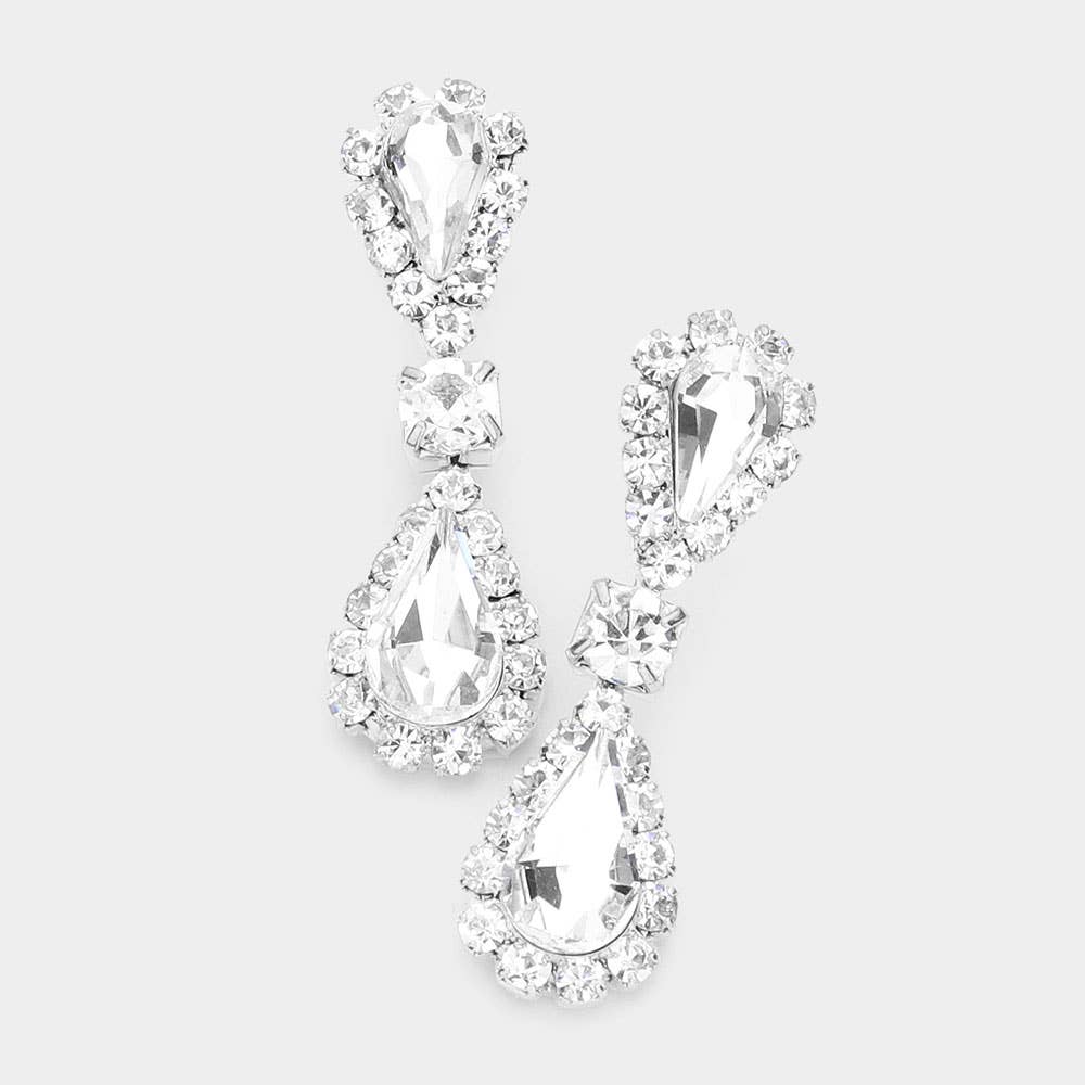 Double Teardrop Accented Rhinestone Trimmed Dangle Evening Earrings