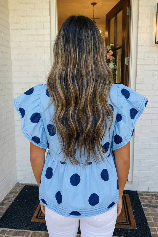 Polka Dot Print Ruffled Buttoned Collared Top