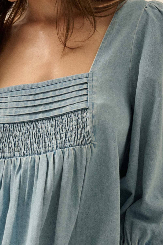 Denim Square-Neck Long-Sleeve Babydoll Mini Dress