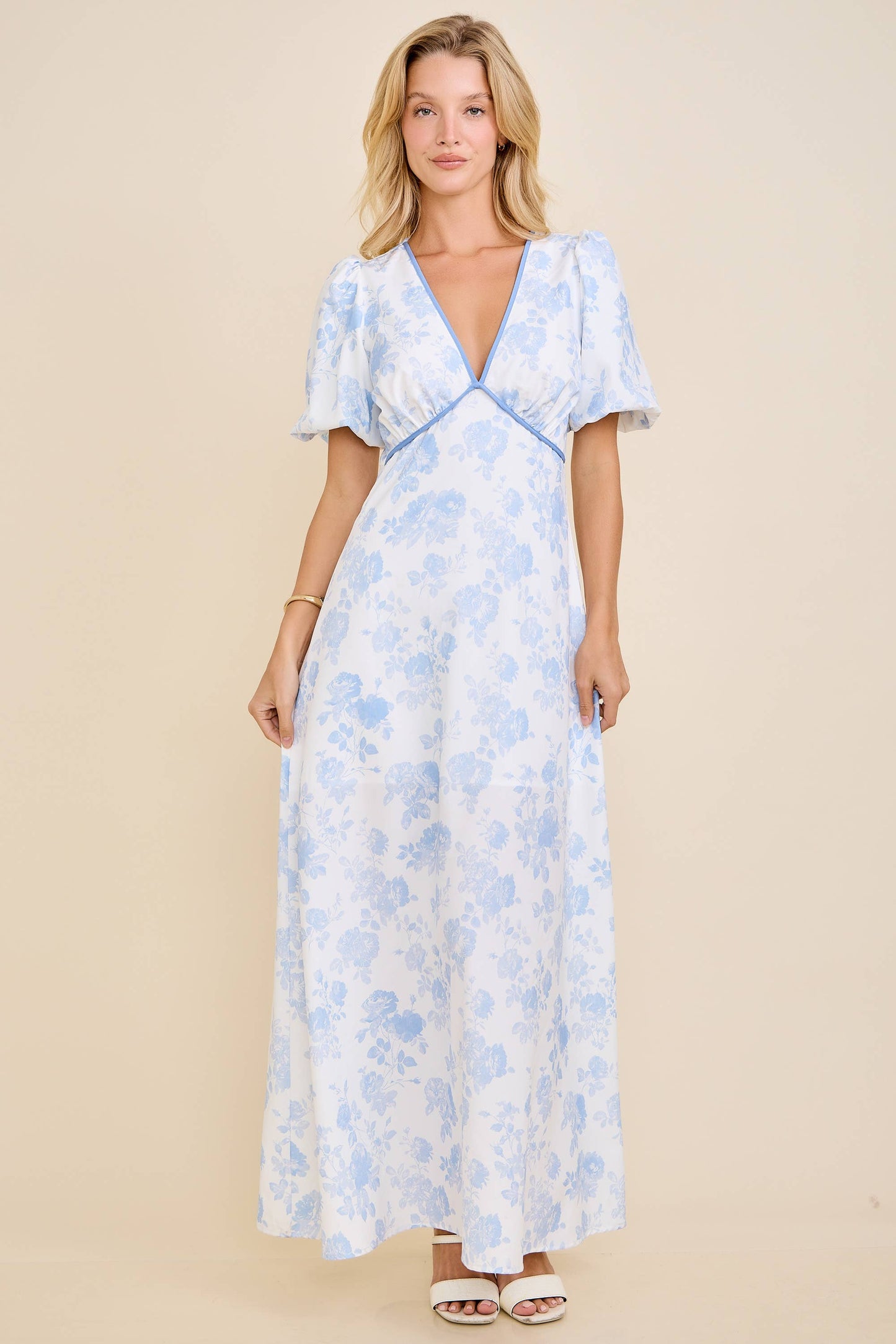 Floral Toile Print Bubble Sleeve Maxi Dress
