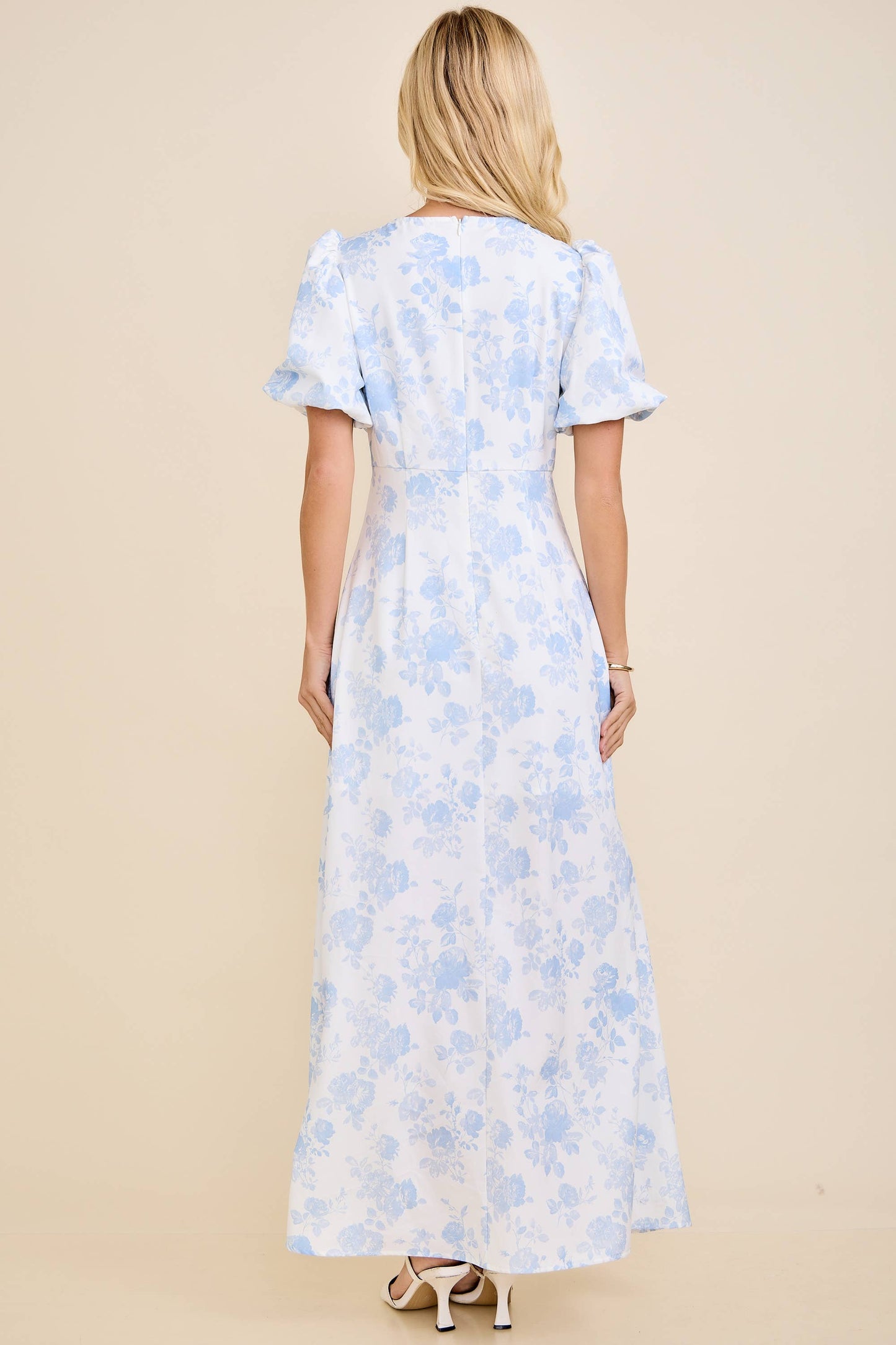 Floral Toile Print Bubble Sleeve Maxi Dress