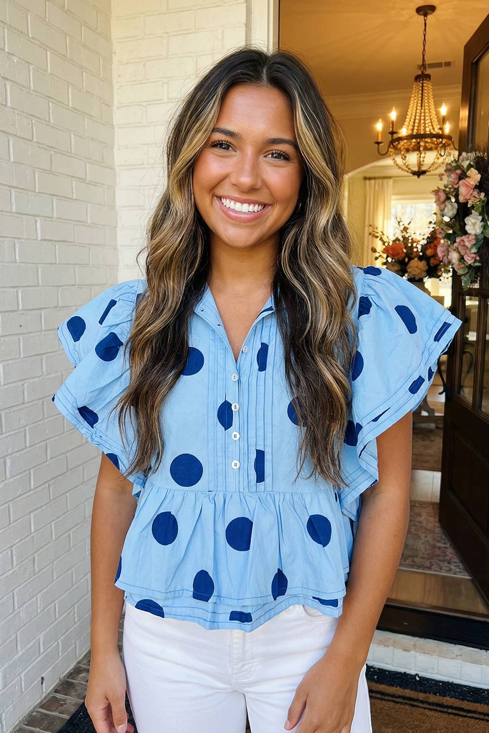 Polka Dot Print Ruffled Buttoned Collared Top