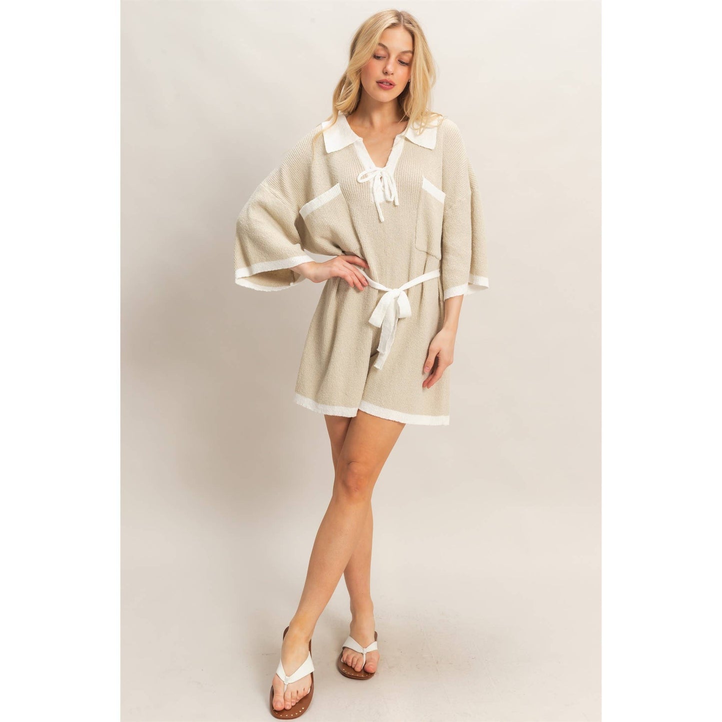 Knit Romper With Contrast Tie
