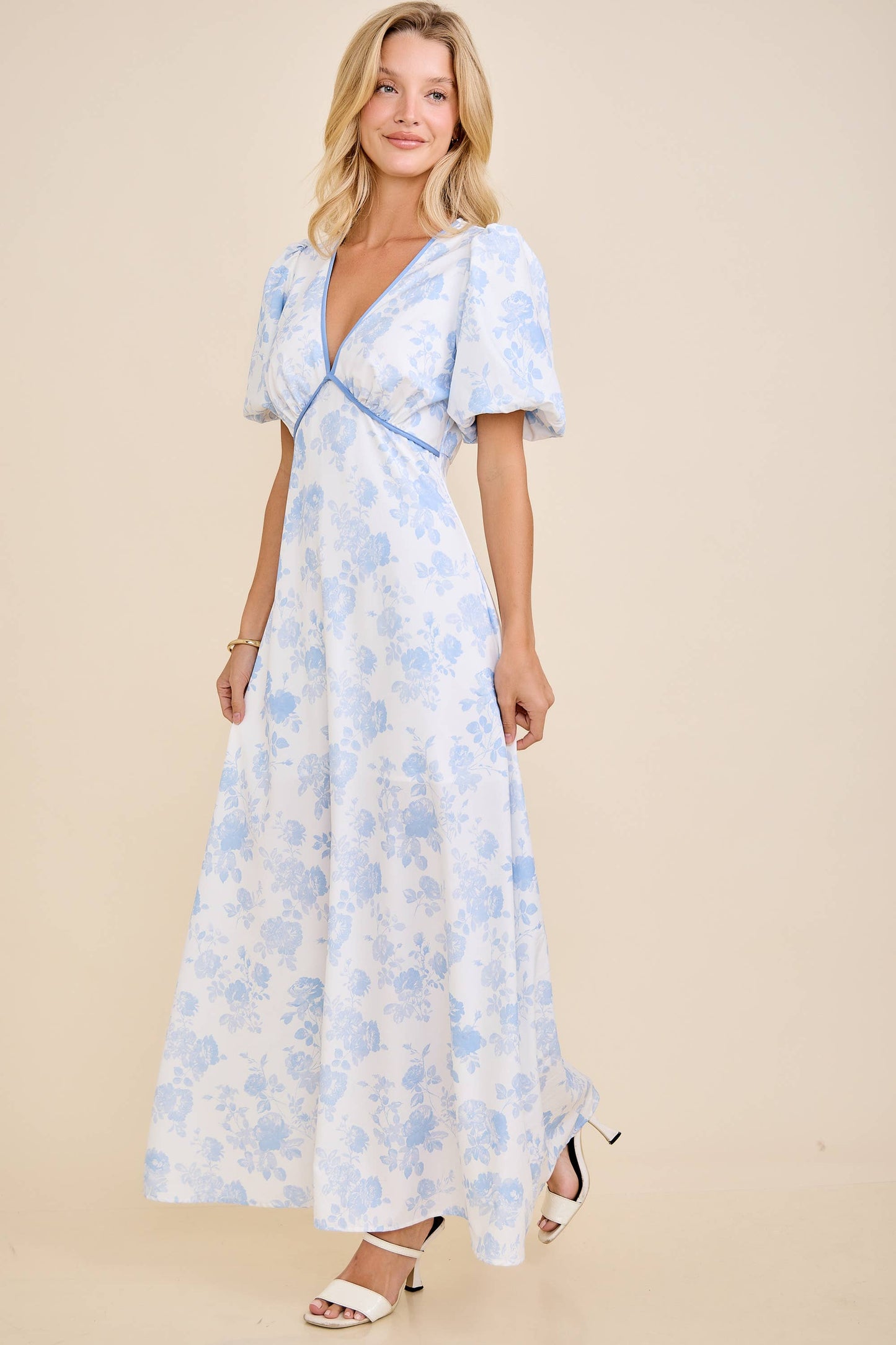 Floral Toile Print Bubble Sleeve Maxi Dress