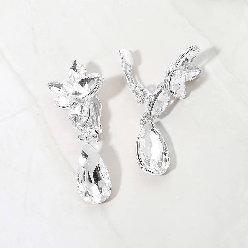 Marquise Stone Cluster Floral Teardrop Link Evening Clip On Earrings