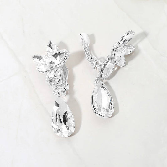 Marquise Stone Cluster Floral Teardrop Link Evening Clip On Earrings
