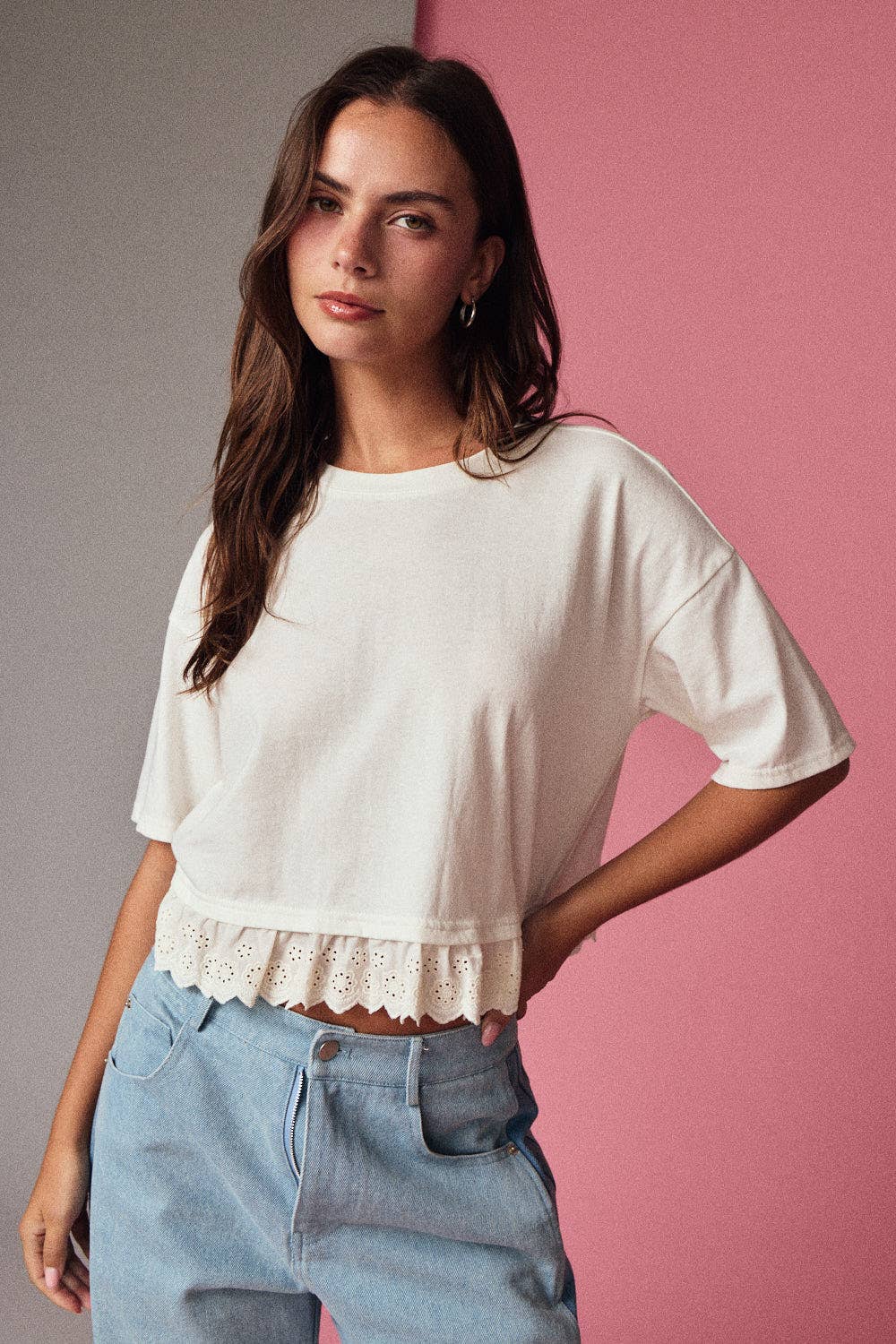 Eyelet Hem Boxy Knit Top