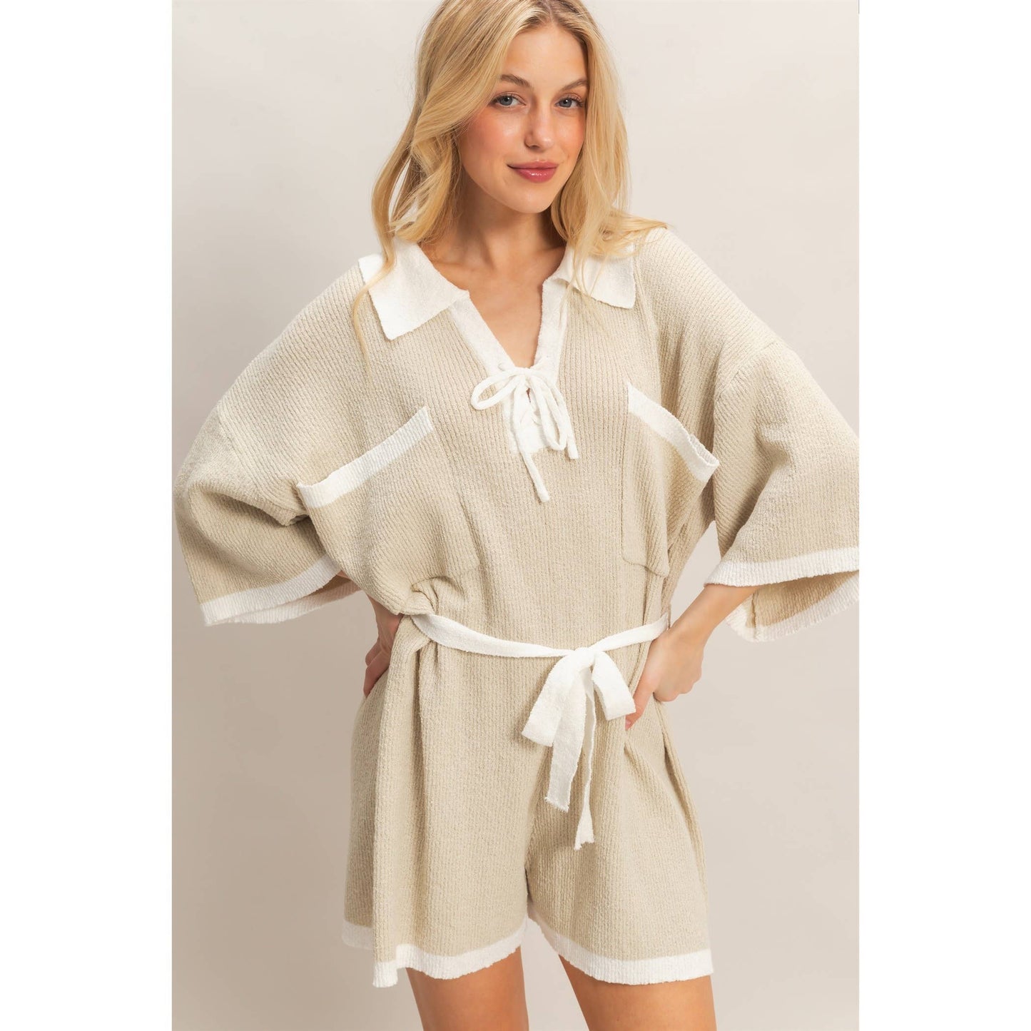 Knit Romper With Contrast Tie