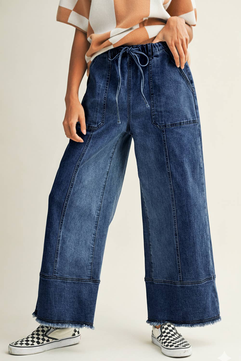 Drawstring Seam Detail Raw Hem Wide Leg Denim Pants