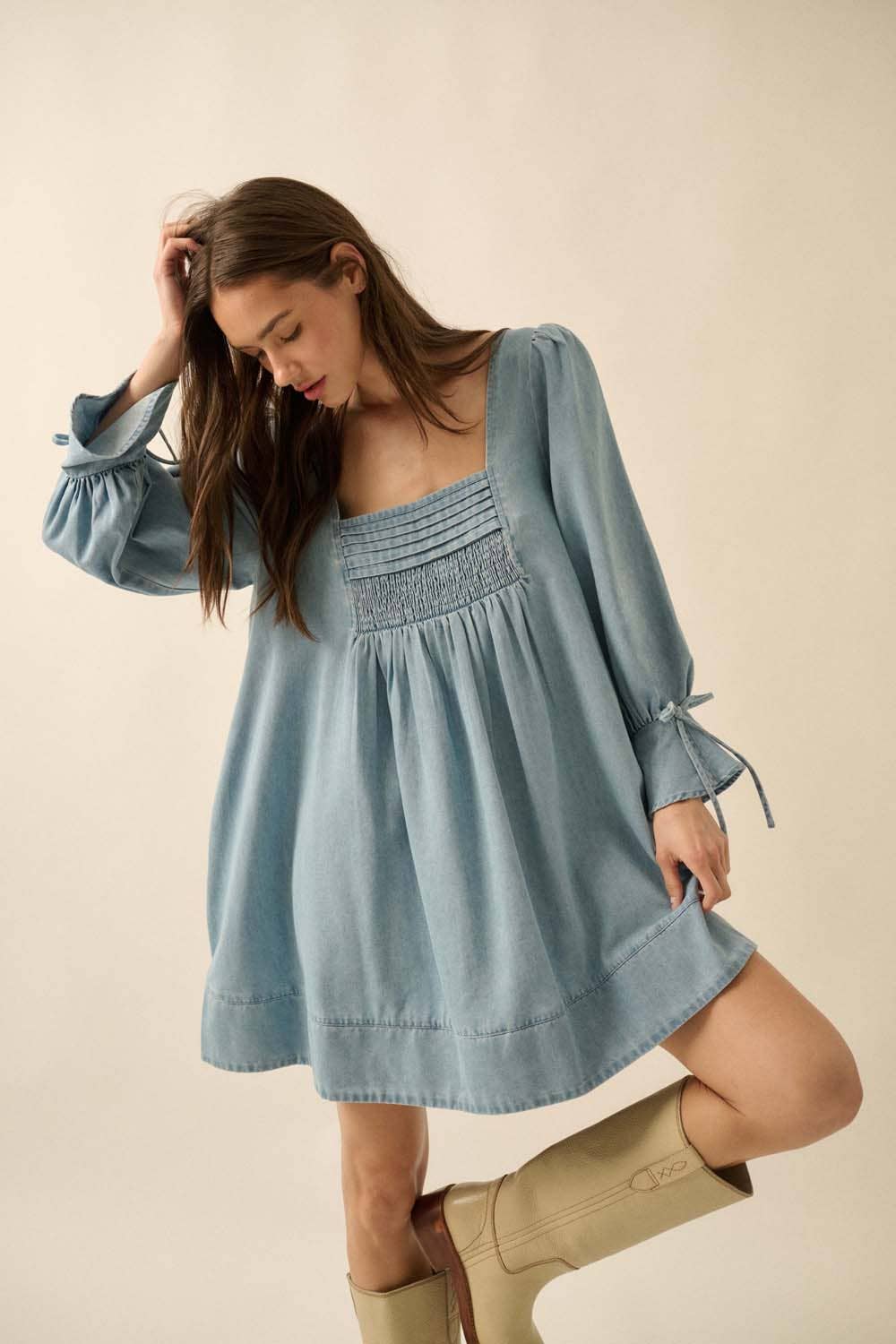 Denim Square-Neck Long-Sleeve Babydoll Mini Dress
