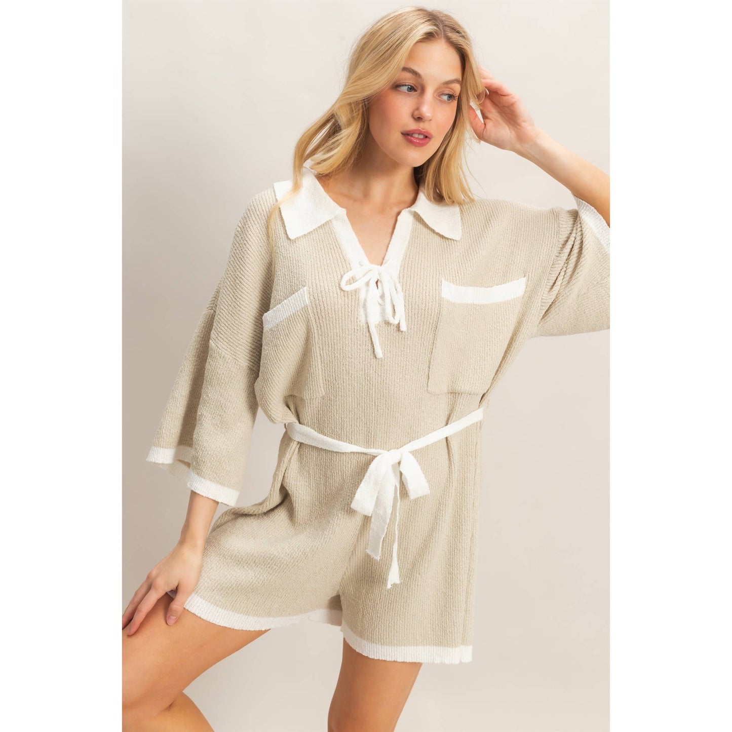 Knit Romper With Contrast Tie