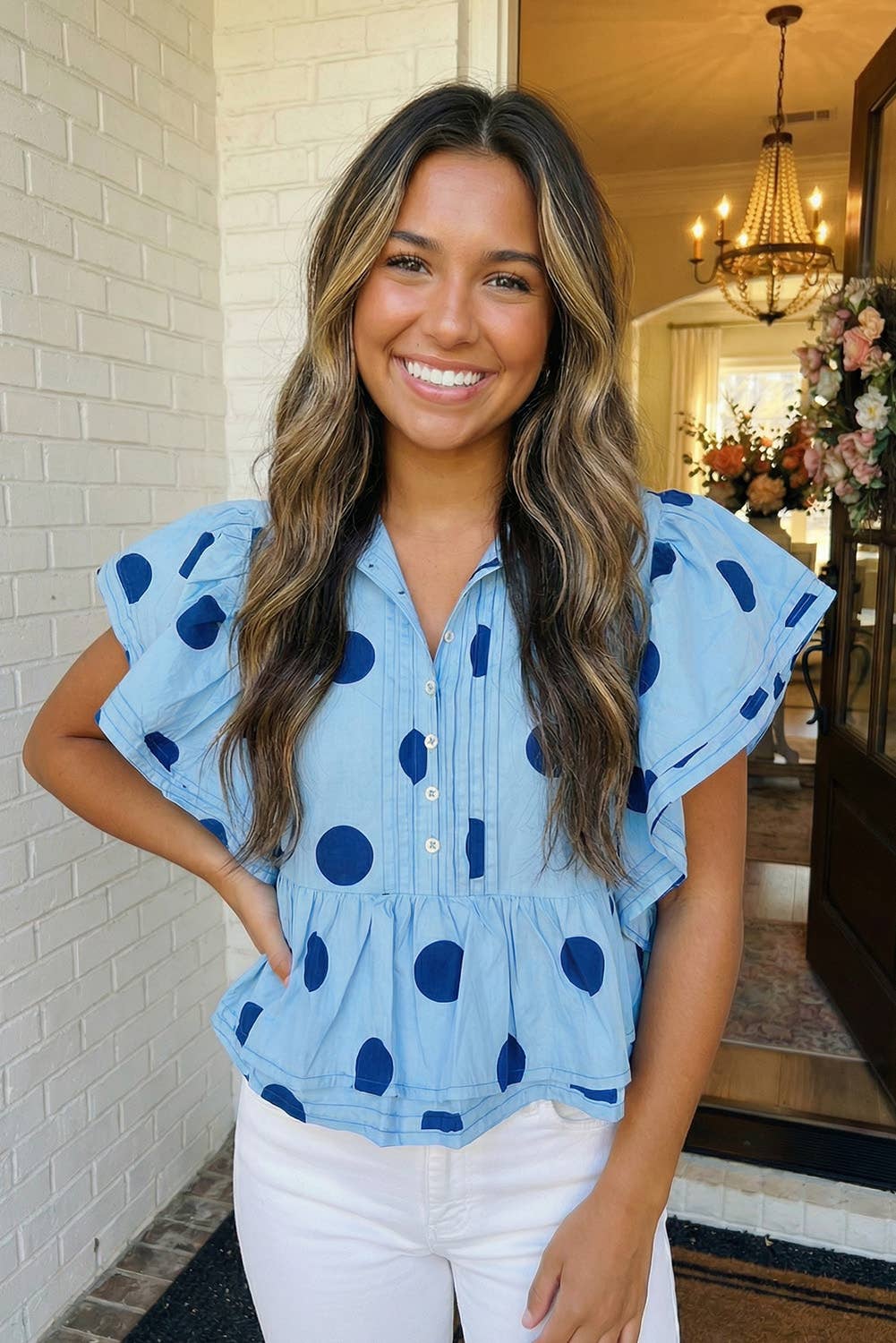 Polka Dot Print Ruffled Buttoned Collared Top