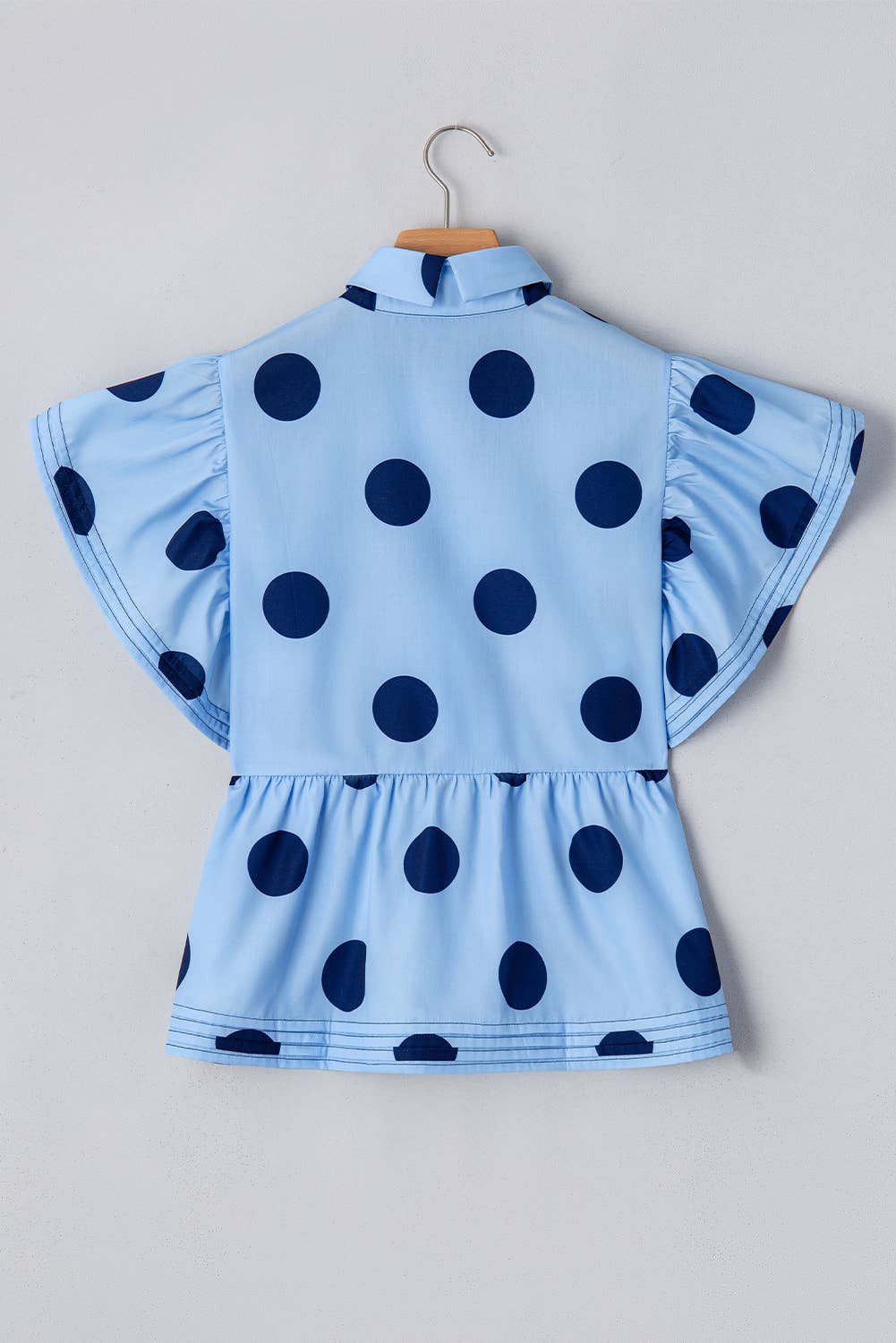 Polka Dot Print Ruffled Buttoned Collared Top