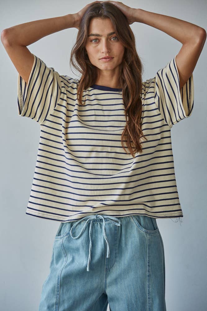 Knit Cotton Striped Short Sleeve Crew Neck Top