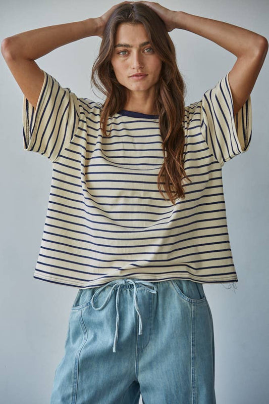 Knit Cotton Striped Short Sleeve Crew Neck Top