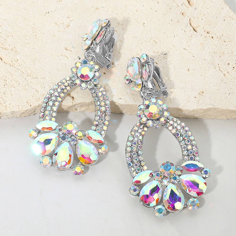 Teardrop Glass Stone Accent Rhinestone Embellished Open Oval Dangle Evening Earrings