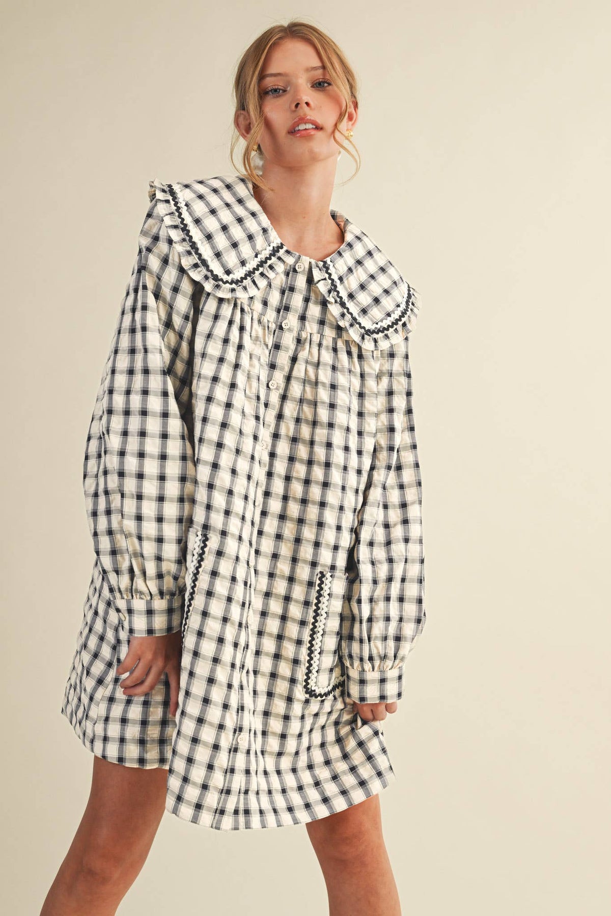 DOLL COLLAR BUTTON DOWN PLAID MINI DRESS