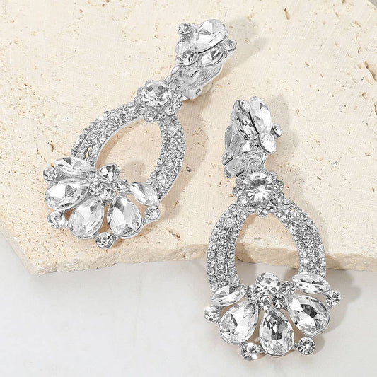 Teardrop Glass Stone Accent Rhinestone Embellished Open Oval Dangle Evening Earrings