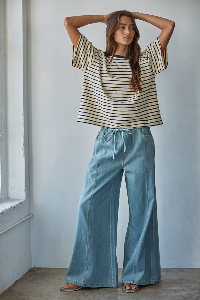 Knit Cotton Striped Short Sleeve Crew Neck Top