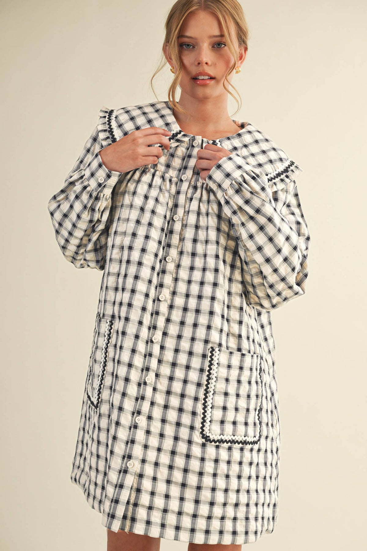DOLL COLLAR BUTTON DOWN PLAID MINI DRESS