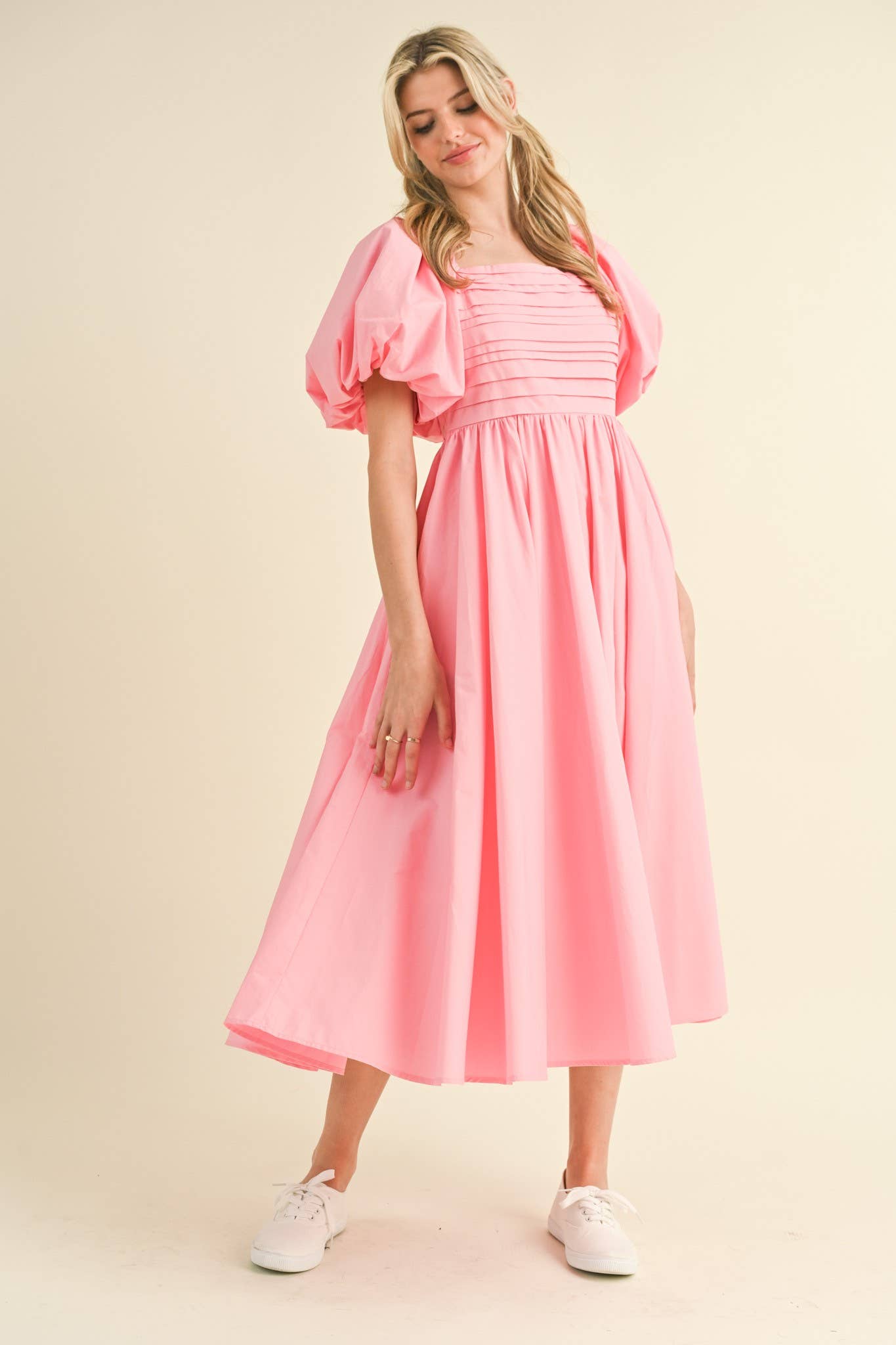 Balloon Sleeve Pleated Midi Dress