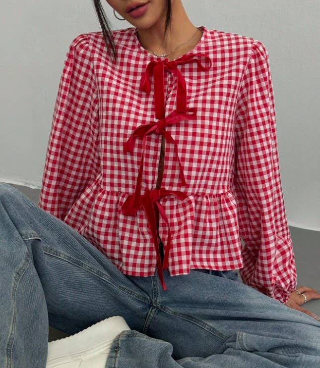 Bow Tie Gingham Checker Ruffled Top