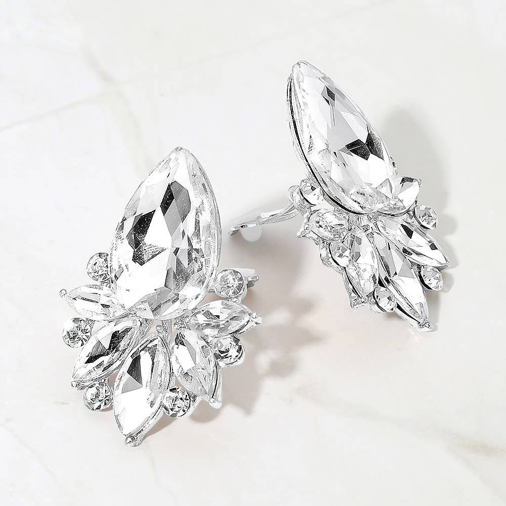 Teardrop Stone Cluster Accent Marquise Stone Embellished Evening Clip On Earrings