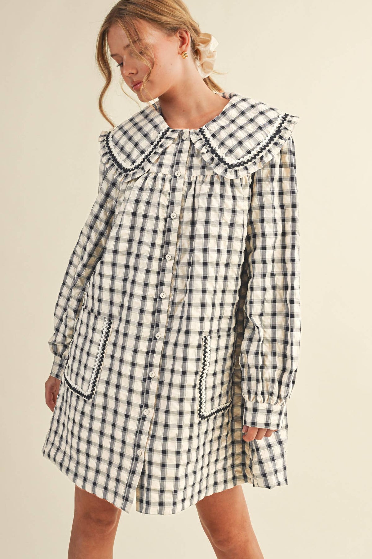 DOLL COLLAR BUTTON DOWN PLAID MINI DRESS