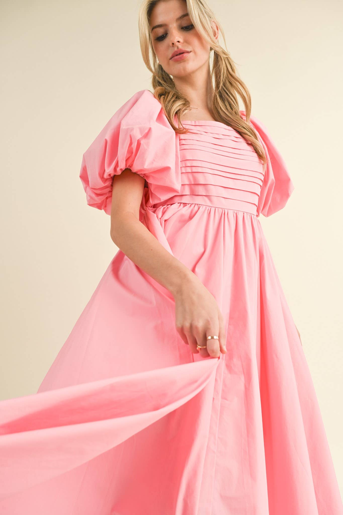 Balloon Sleeve Pleated Midi Dress