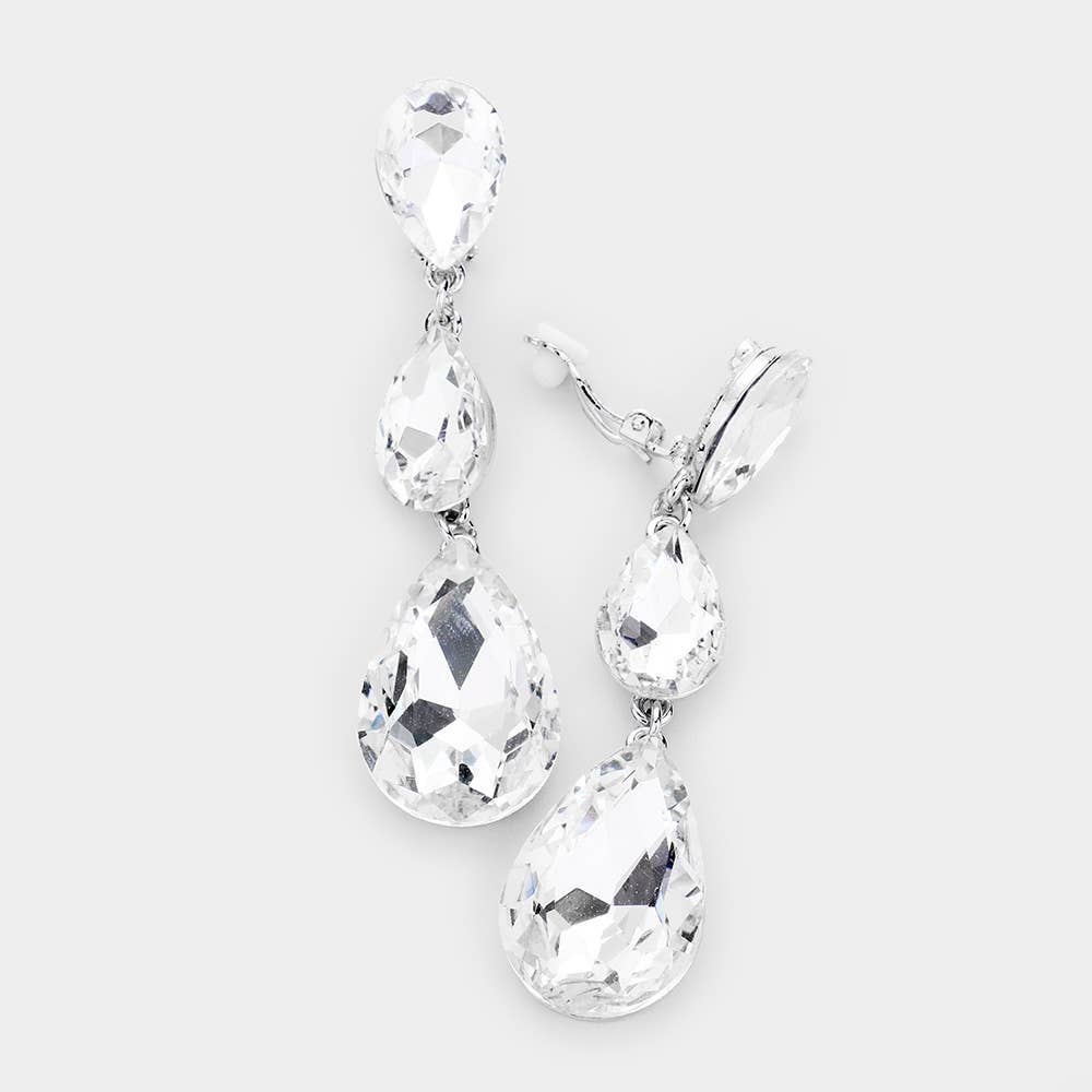 Teardrop Glass Crystal Drop Evening Clip On Earrings