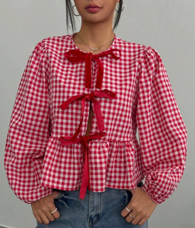 Bow Tie Gingham Checker Ruffled Top
