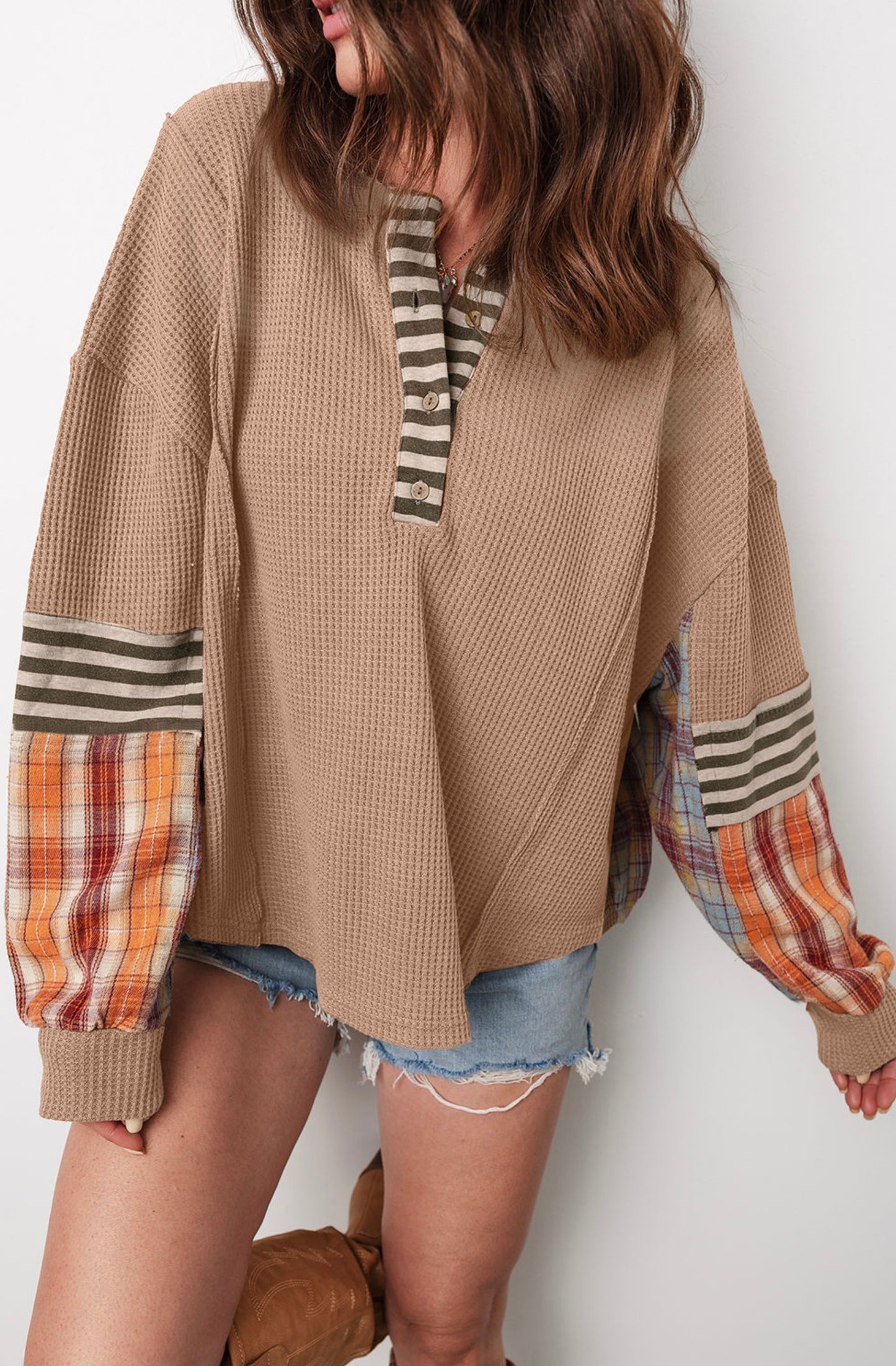 Waffle Stripe Plaid Knit Top