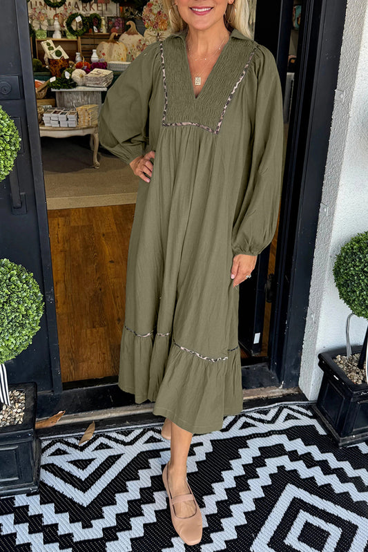 V Neck Long Sleeve Long Dress with Cheetah Detail