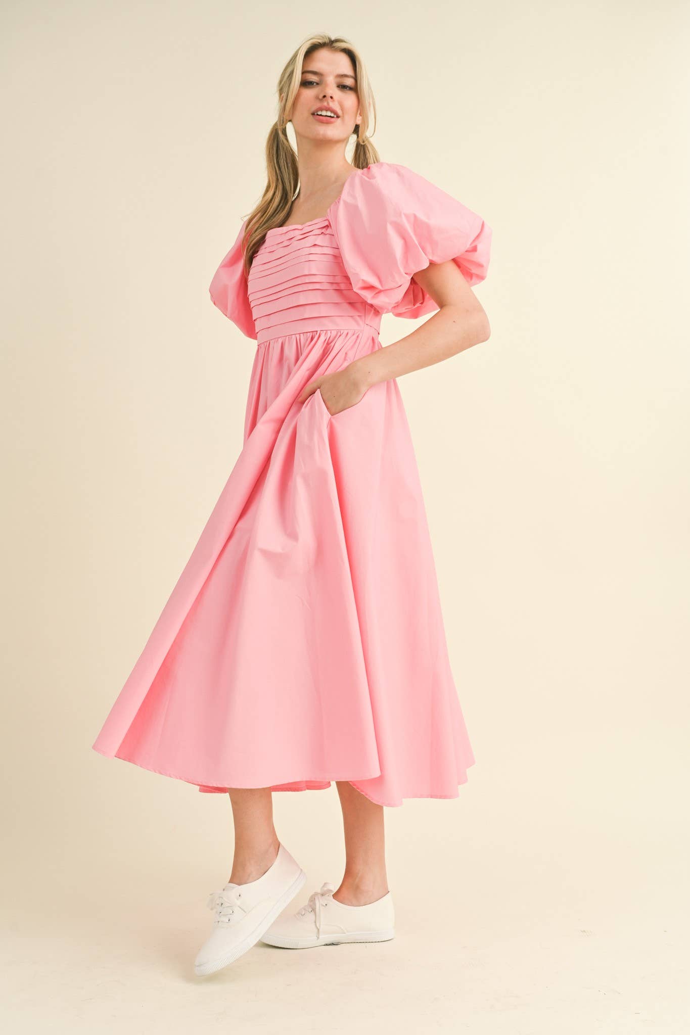 Balloon Sleeve Pleated Midi Dress