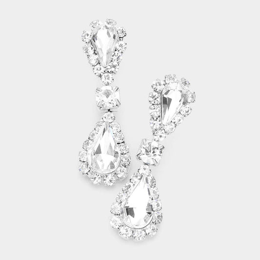 Double Teardrop Accented Rhinestone Trimmed Dangle Evening Earrings