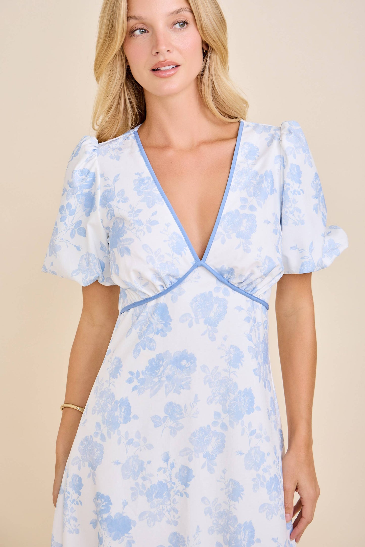 Floral Toile Print Bubble Sleeve Maxi Dress