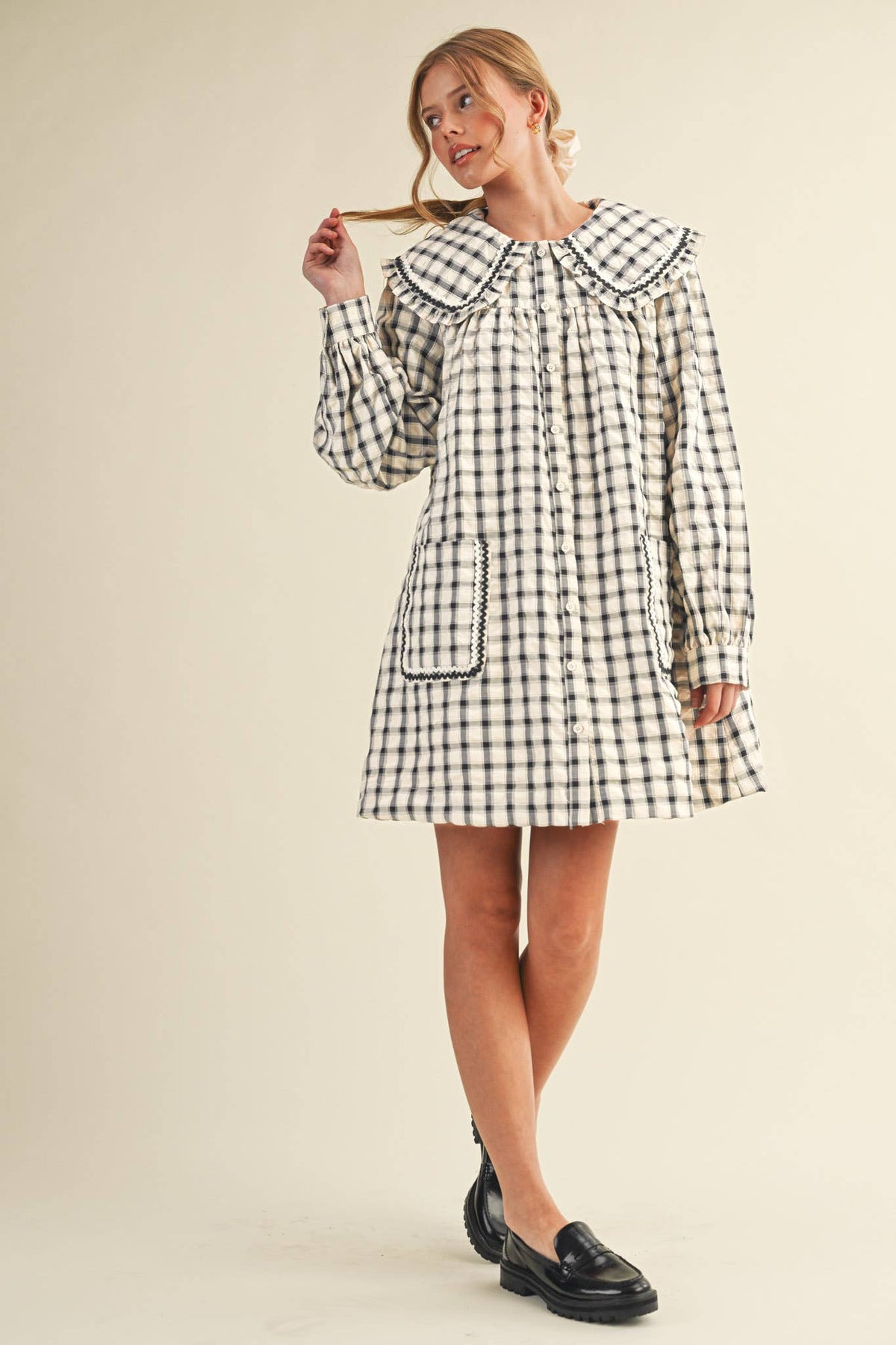 DOLL COLLAR BUTTON DOWN PLAID MINI DRESS