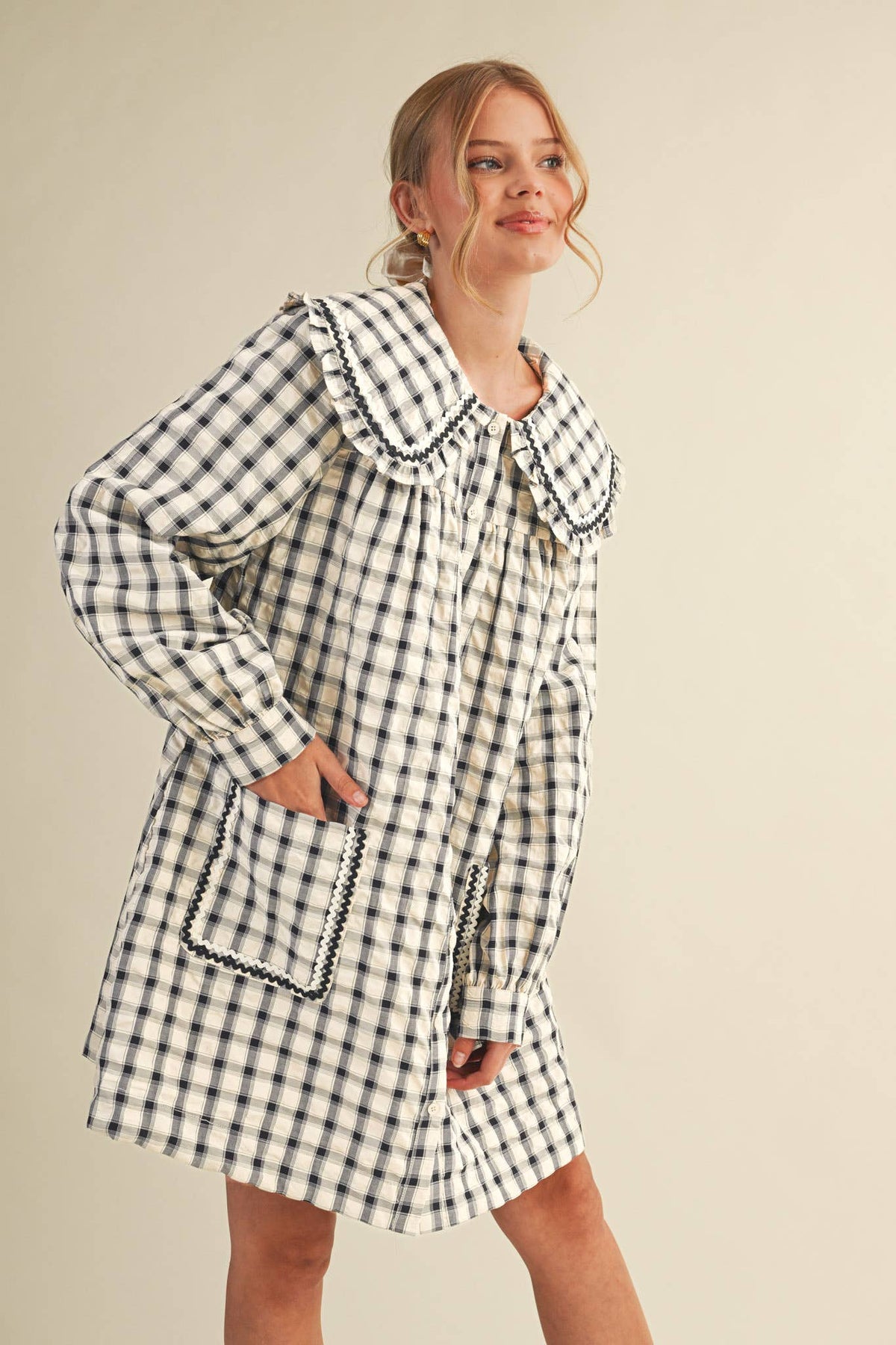DOLL COLLAR BUTTON DOWN PLAID MINI DRESS