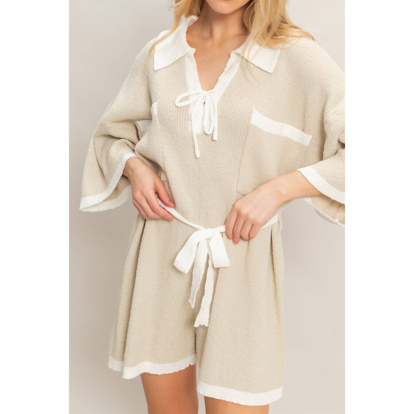 Knit Romper With Contrast Tie