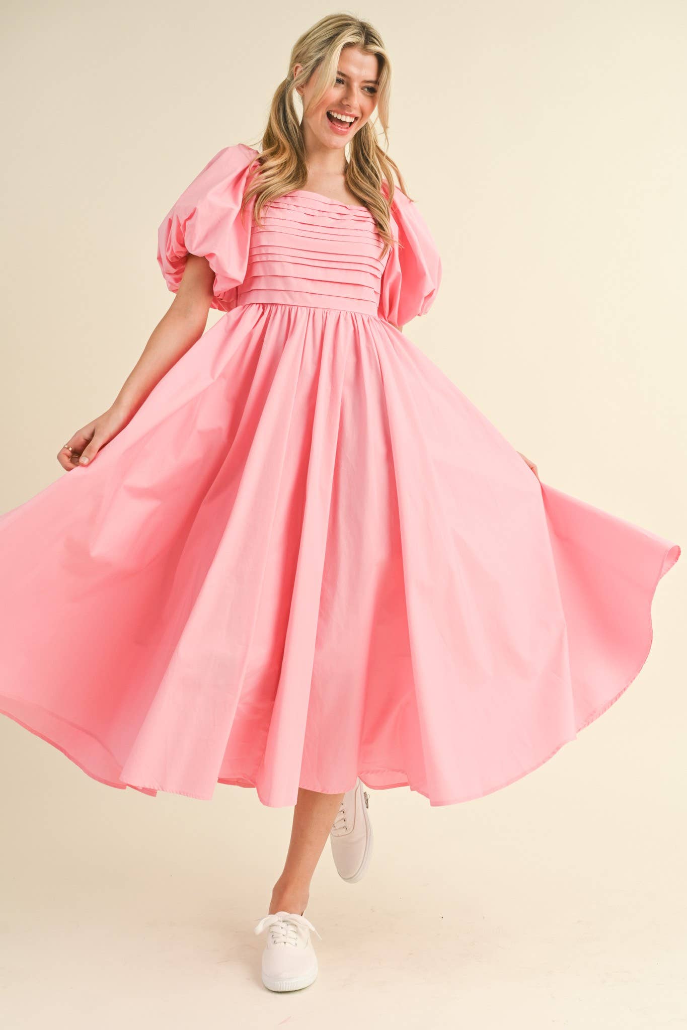 Balloon Sleeve Pleated Midi Dress