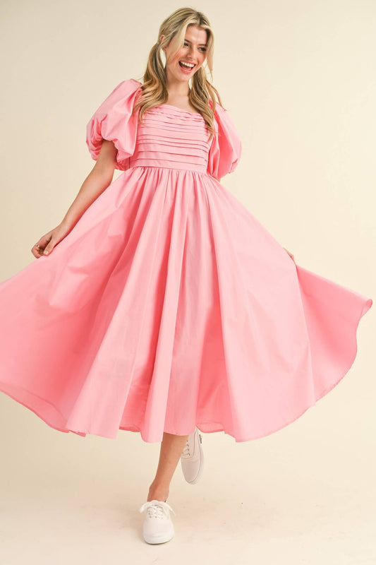 Balloon Sleeve Pleated Midi Dress