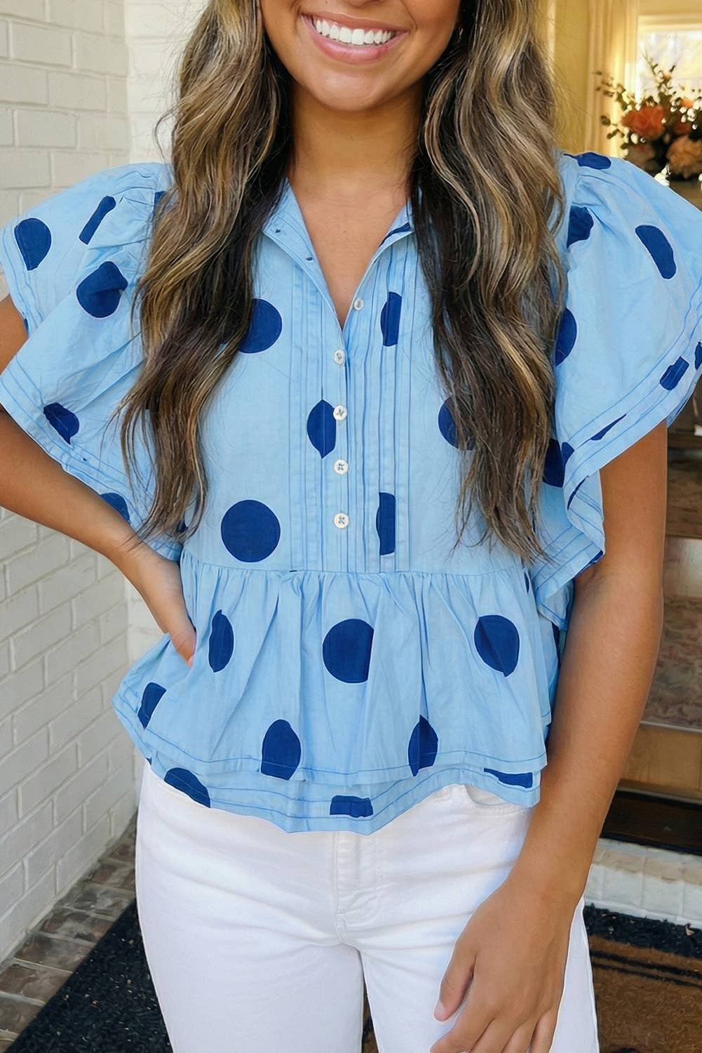 Polka Dot Print Ruffled Buttoned Collared Top