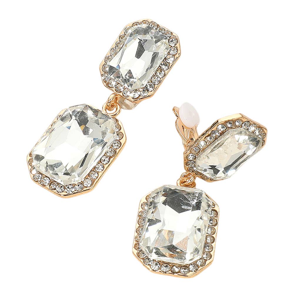 Elegant Rectangle Crystal Drop Dangle Evening Clip On Earrings